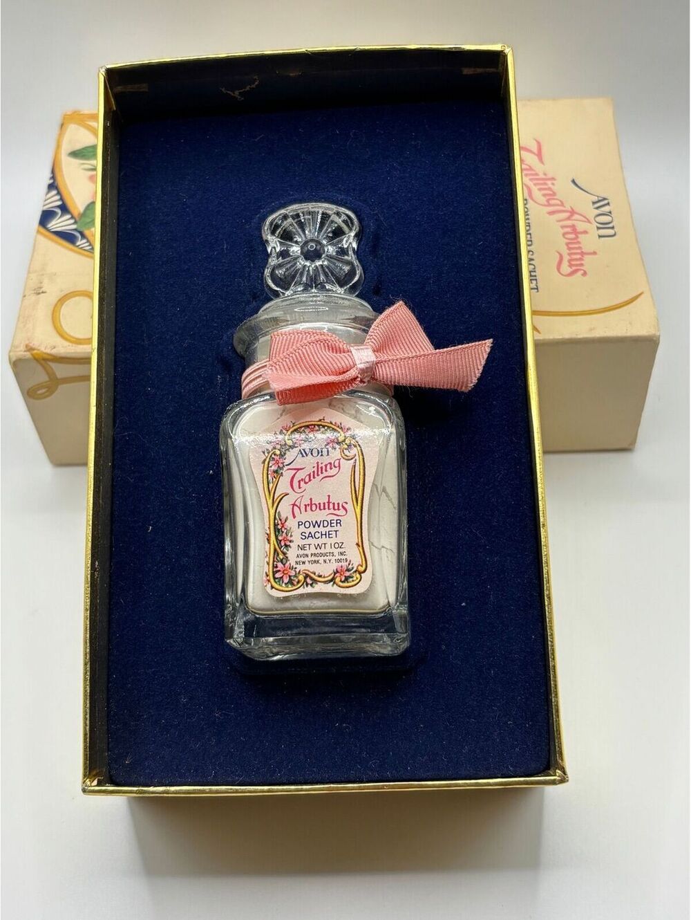 1970’s Avon Arbutus Powder Sachet Powder in Decorative Glass Bottle